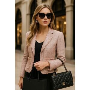 Rebecca Taylor Pink Tweed Fringe Trim Blazer Jacket Women’s Size 10